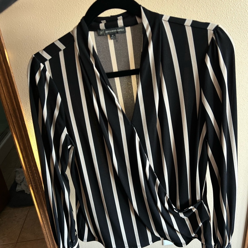 Adrianna Papell Black and Tan Striped Women's Top